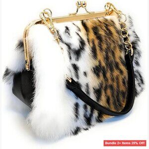 Leopard Print Rabbit Fur Handbag with Interchangeable Straps, Clutch & Shoulder